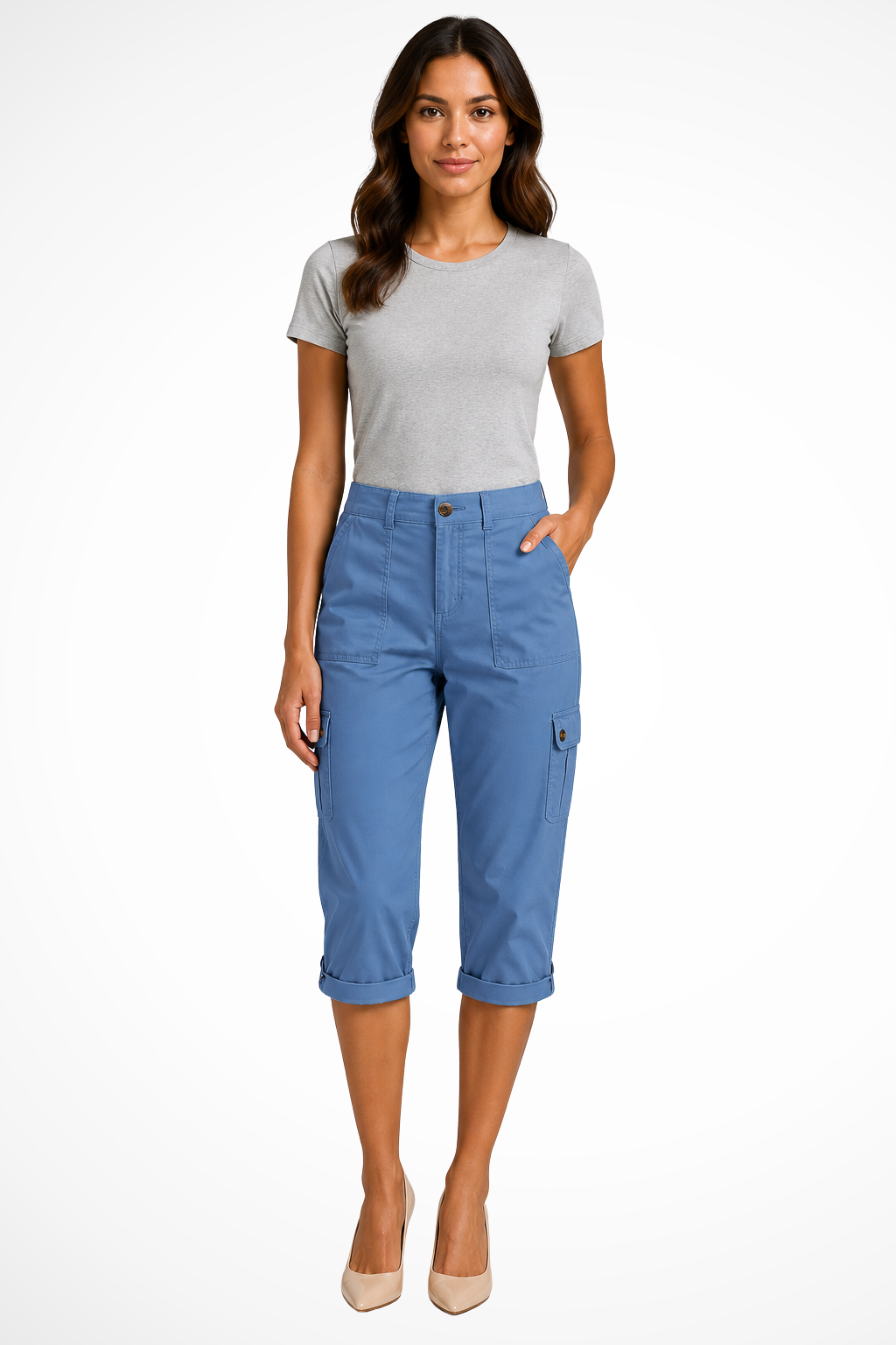 Fashionable women's cropped cargo trousers featuring a practical multi-pocket design and roll-up hem.