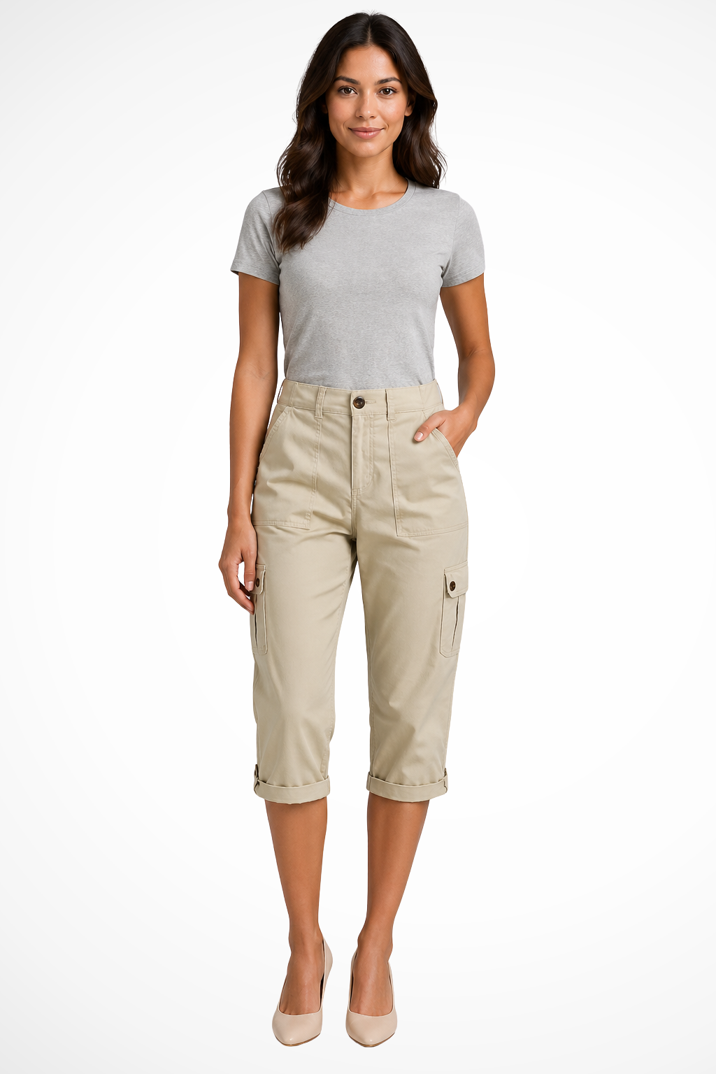 Detail of multi-pocket design on versatile women's cargo cropped trousers for everyday utility fashion.