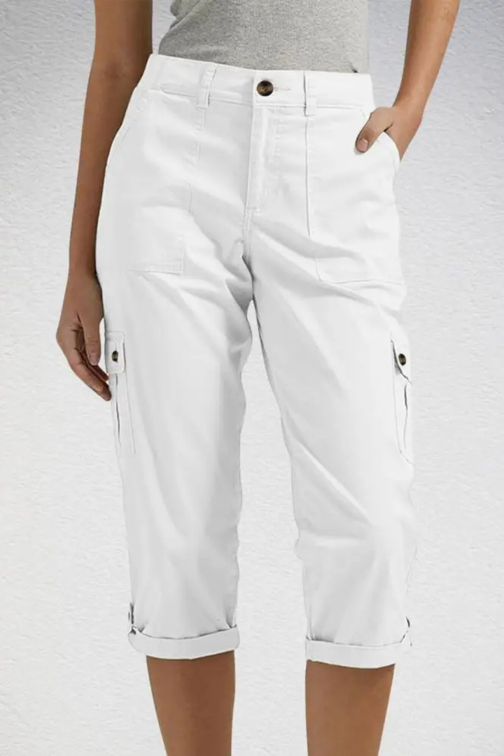 Olive green women's cargo cropped trousers with roll-up hem, a versatile staple for casual everyday fashion.