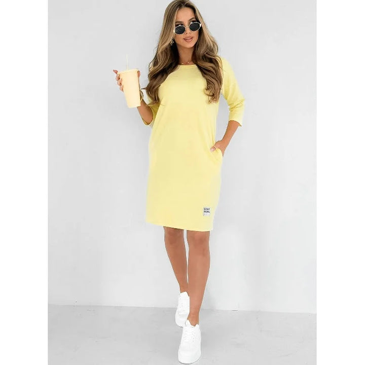 Relaxed fit women's shift mini dress, featuring comfortable 3/4 sleeves, crew neck, and handy side pockets.