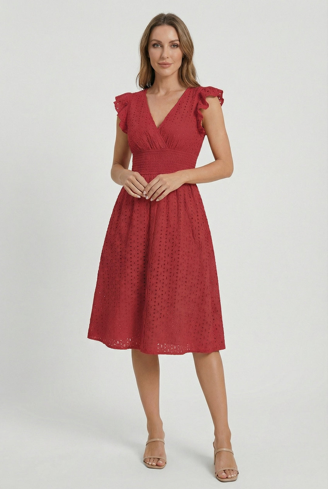 V-neck A-line midi dress in women's summer collection, flattering style
