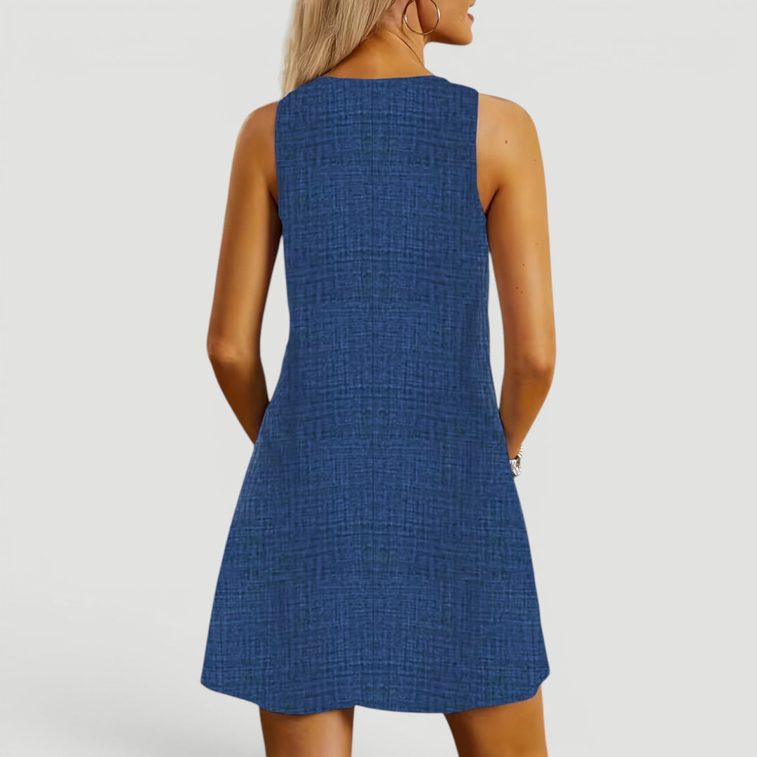 Lightweight women's A-line summer dress, knee-length, comfortable, and casual.