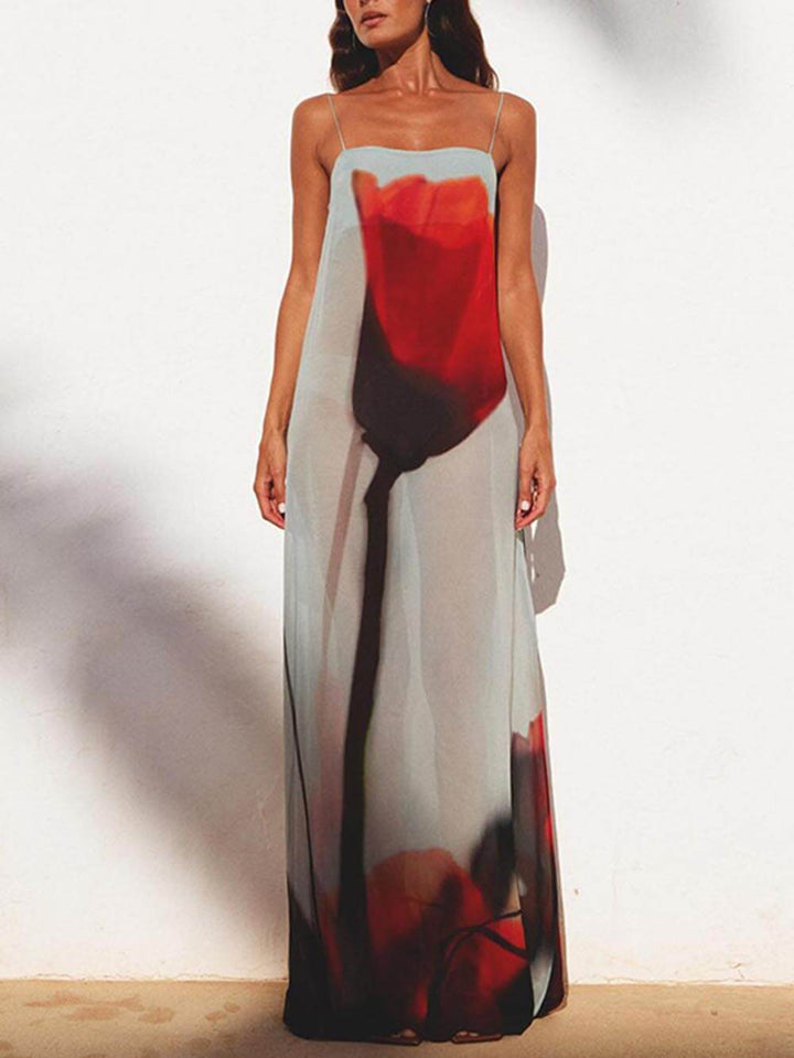 Lightweight women's abstract print maxi dress, great as a casual sundress or elegant vacation beach wear.