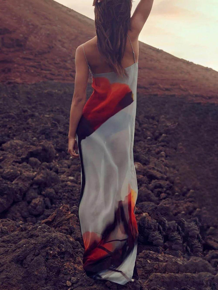 Vibrant abstract print maxi sundress for women, a flowy and elegant casual dress for summer and vacation.