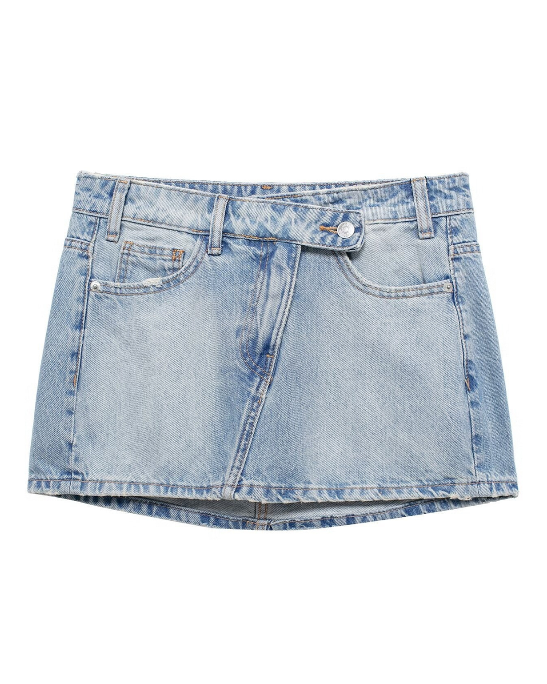 Trendy women's five-pocket mini skirt featuring an asymmetric waist and stylish faded wash.