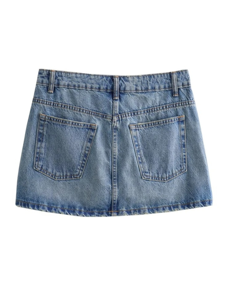 Everyday women's short mini skirt with an asymmetric waist and cool distressed hem for casual wear.