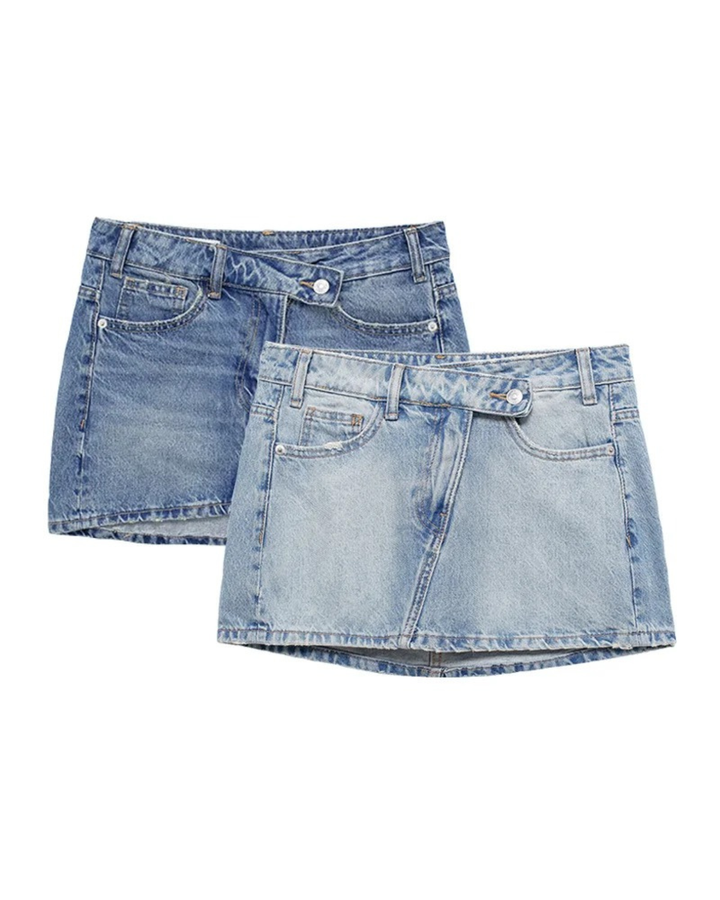 Stylish women's asymmetric waist mini skirt with distressed hem, ideal for summer casual outfits.