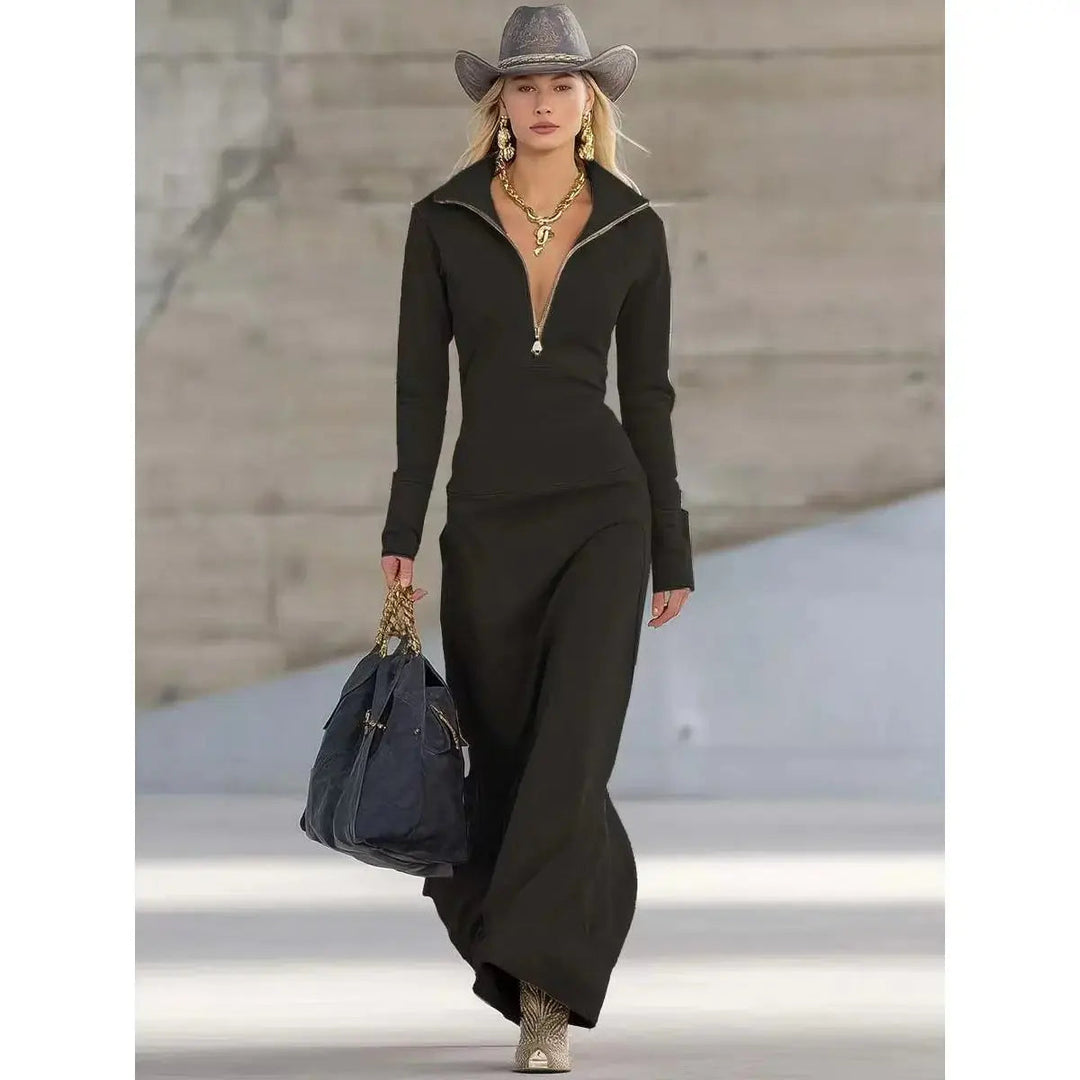 Women's casual black half-zip polo-neck maxi long sleeve dress, perfect for autumn & winter everyday wear.