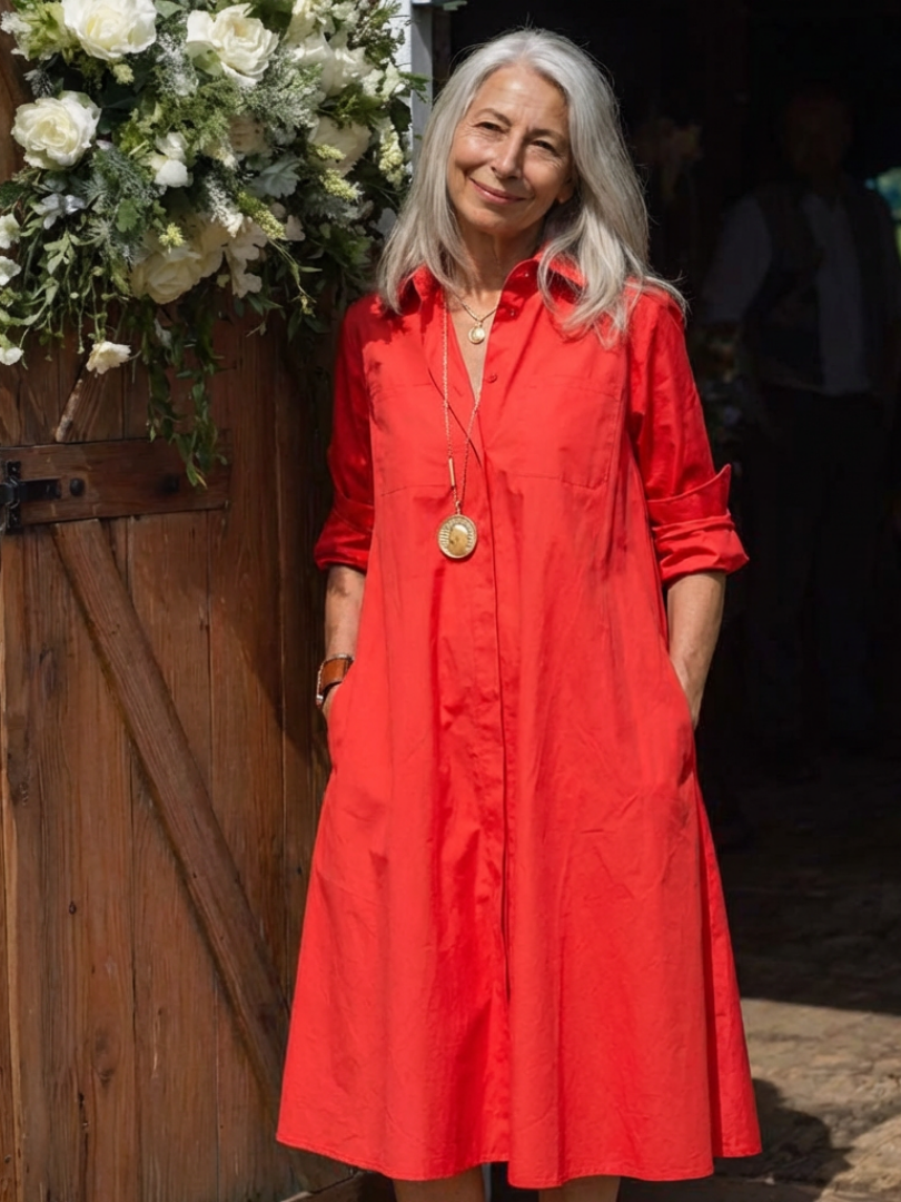 Comfortable relaxed fit women's midi shirt dress with stylish button front & collar.