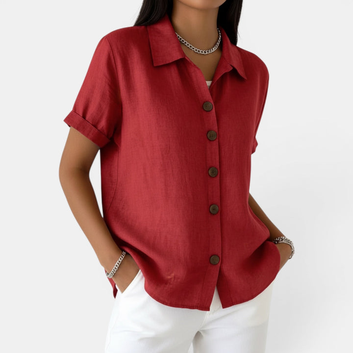 Lightweight women's casual button front top, perfect for versatile summer fashion and smart casual looks.