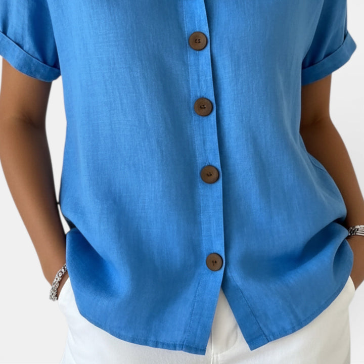 Stylish women's long sleeve collared button front blouse, a relaxed fit casual top for versatile summer fashion.