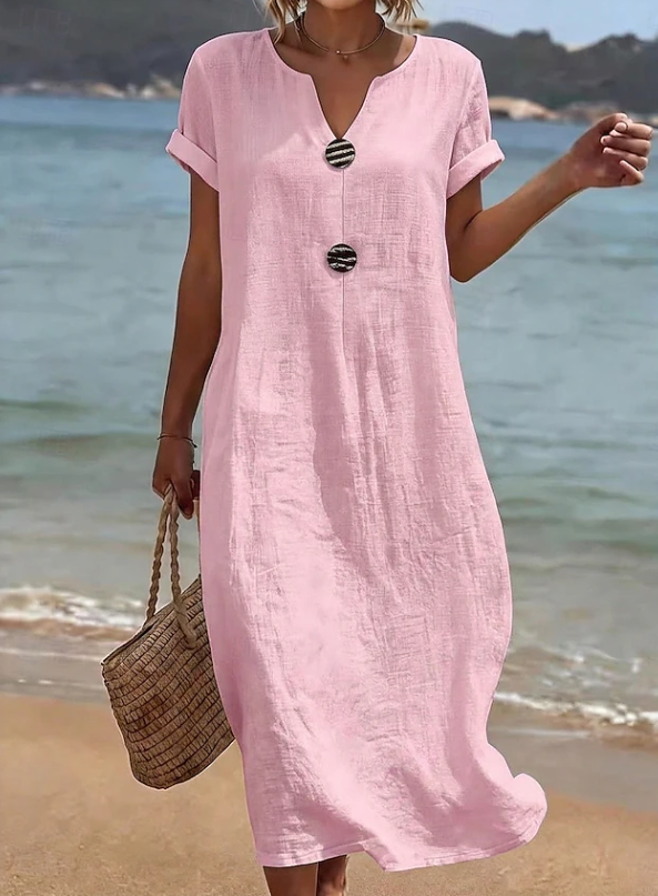 Flowy women's summer button maxi dress, ideal for beach, vacation, or casual day wear. Relaxed fit.