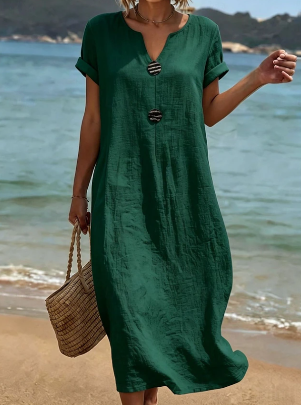 Relaxed fit women's summer button maxi dress, perfect for beach, vacation, or casual day wear. Flowy design.