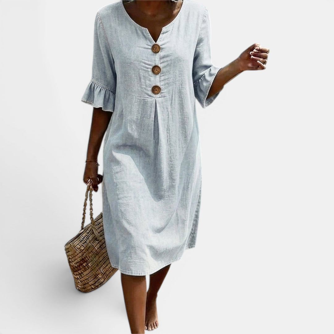 Women's casual button front midi dress with half sleeves & round neck. Perfect for summer everyday wear.
