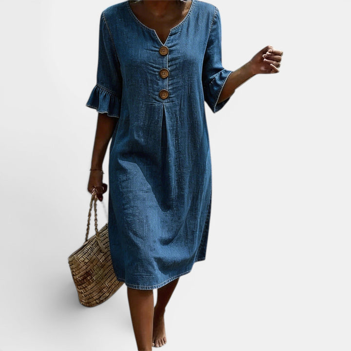 Timeless women's summer midi dress, casual button front, half-sleeve. A comfortable everyday wardrobe essential.