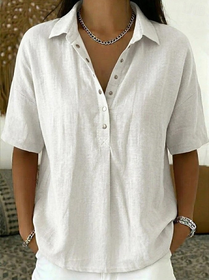 Chic women's casual button-up shirt, a relaxed fit collared top offering versatile style for spring & summer.
