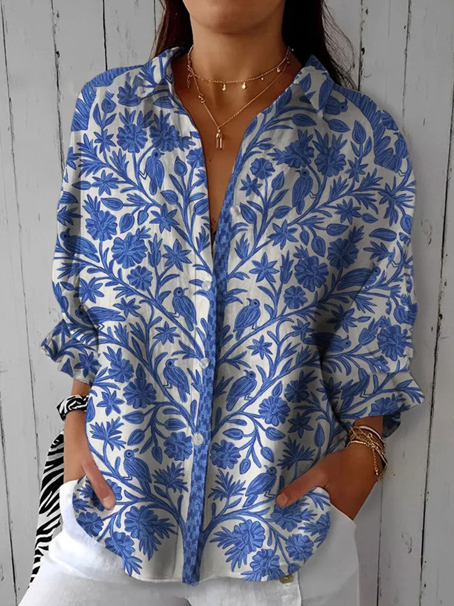 Women's casual collar floral blouse, perfect for spring/summer. Features elegant long sleeves & chic floral print.