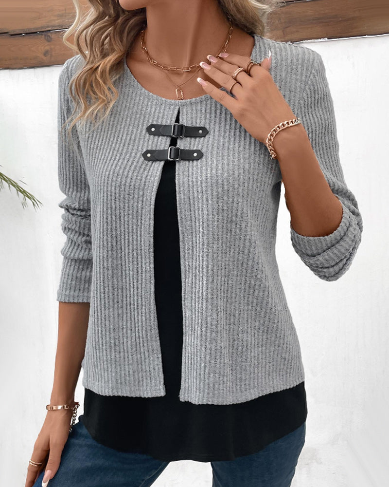 Women's casual color block long sleeve top with unique patchwork detail.