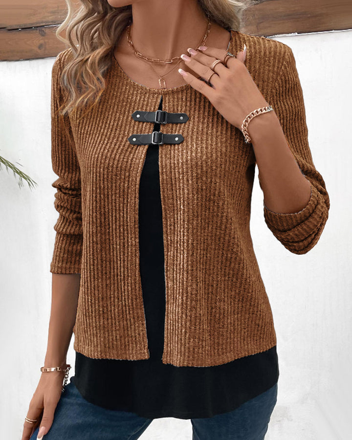 Versatile women's color block long sleeve top, patchwork detail, perfect for casual wear.