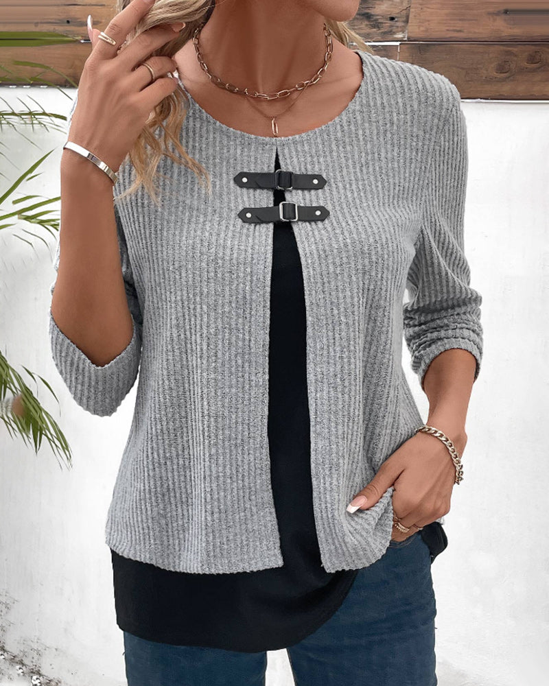Spring/Fall women's long sleeve top, color block patchwork, comfortable everyday fashion.