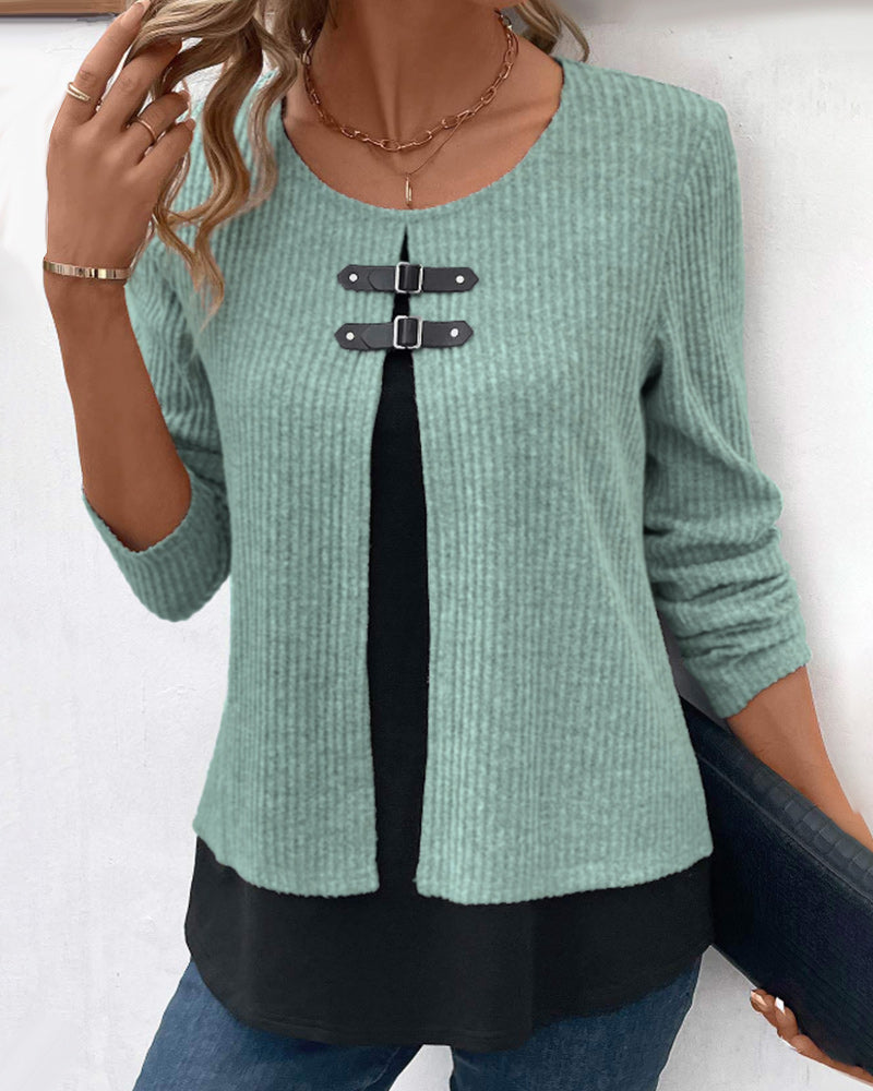 Comfortable women's long sleeve top with color block and patchwork detail for fall.