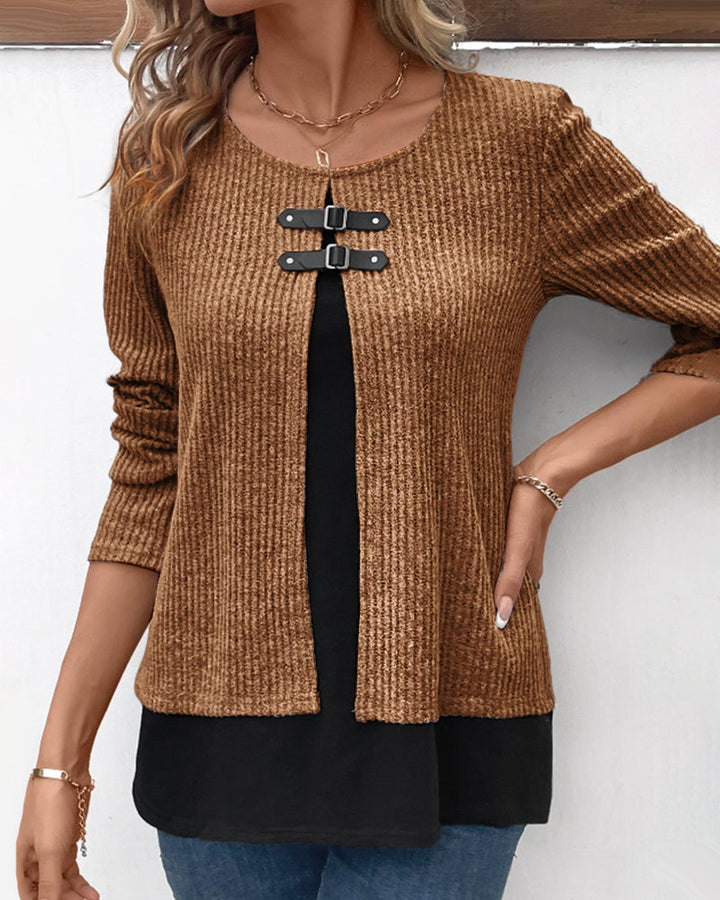 Fashionable women's color block long sleeve top with patchwork, a versatile spring top.