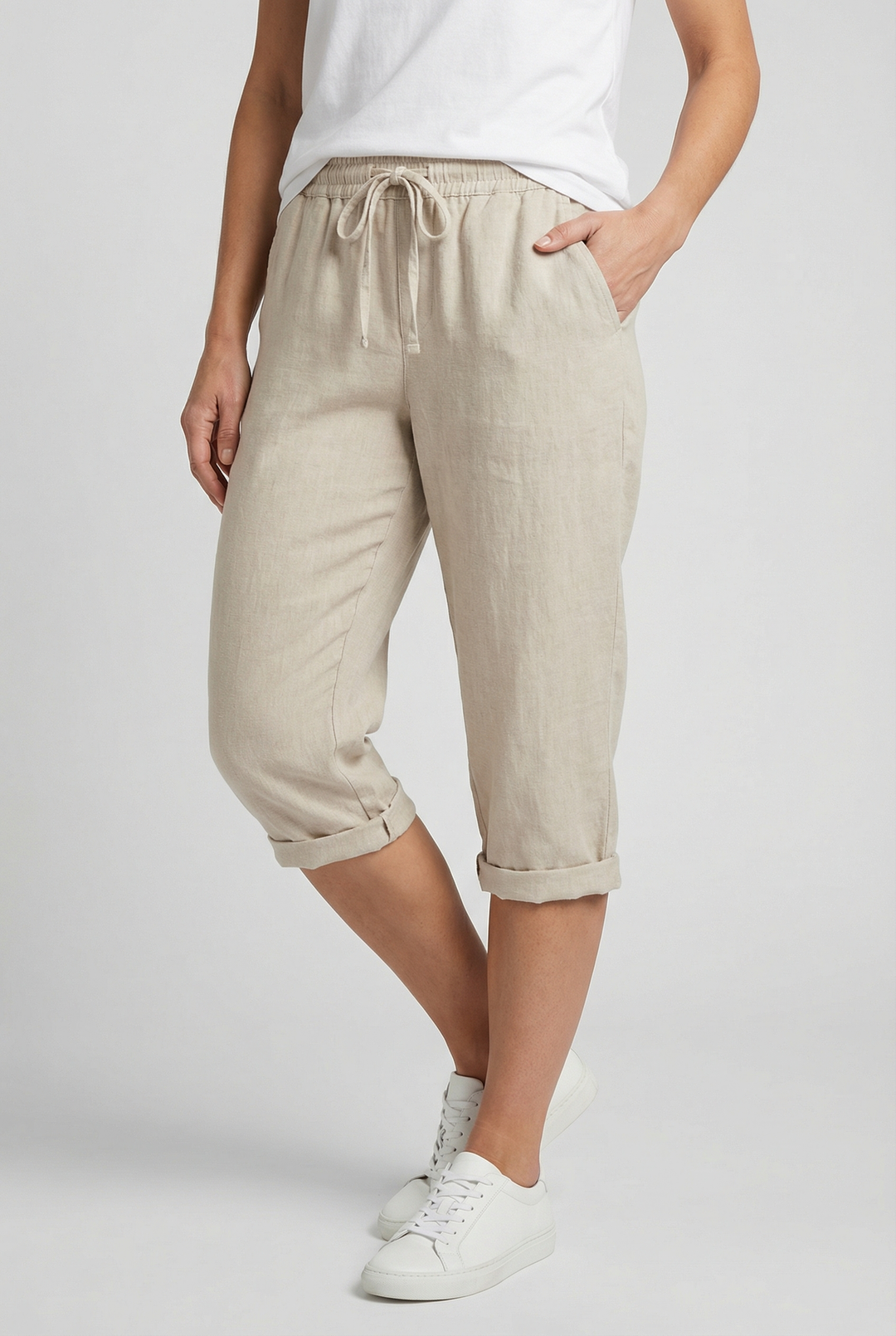 Close-up of the breathable fabric on women's summer casual shorts.