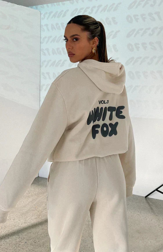 Women's casual cropped tracksuit with unique back print hoodie & joggers set.