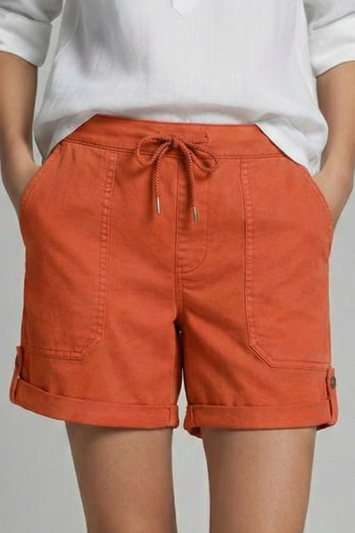 Olive green women's drawstring casual pocket shorts, relaxed fit for ultimate summer comfort.