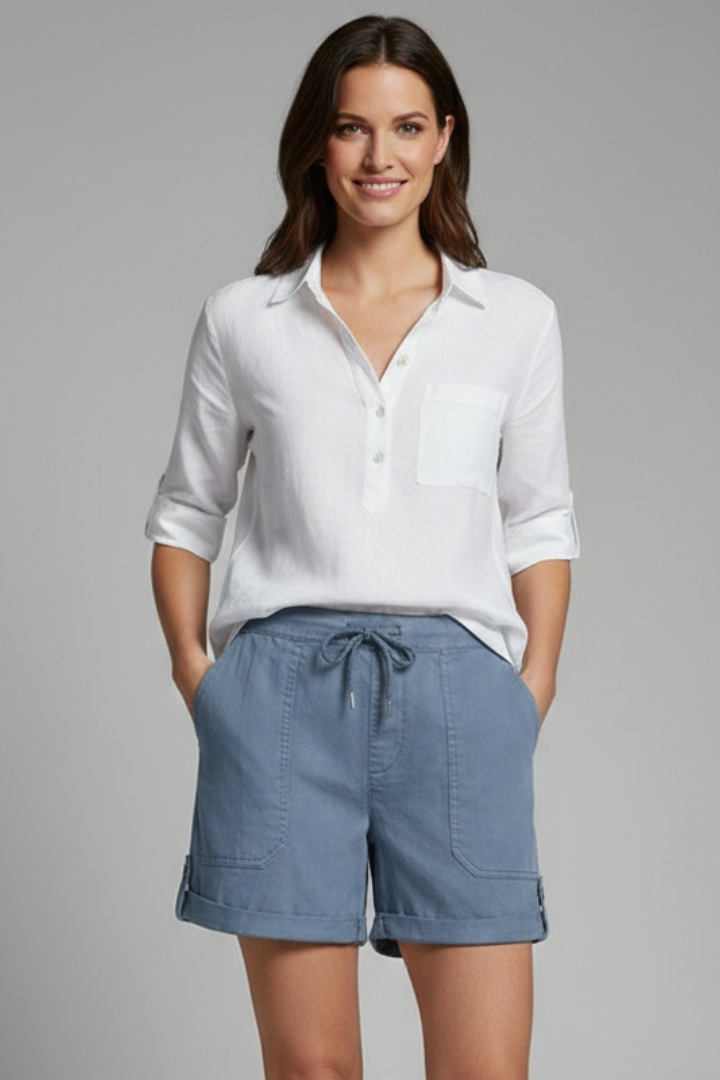 Khaki women's comfortable drawstring shorts with pockets, versatile for summer & warm weather.
