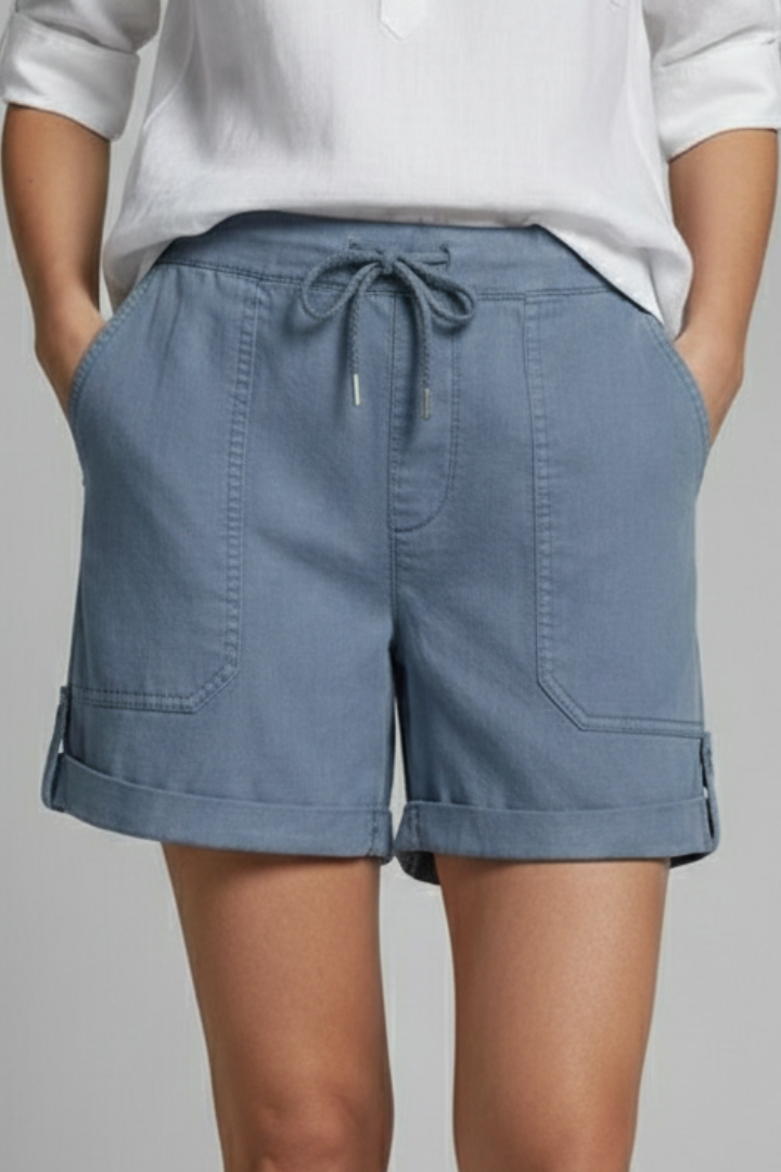 Black women's casual drawstring summer shorts, relaxed fit with practical pockets for daily wear.