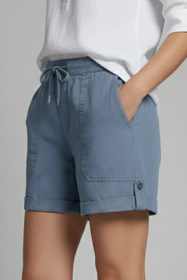 Comfortable women's drawstring pocket shorts, perfect for casual summer wear & daily activities.