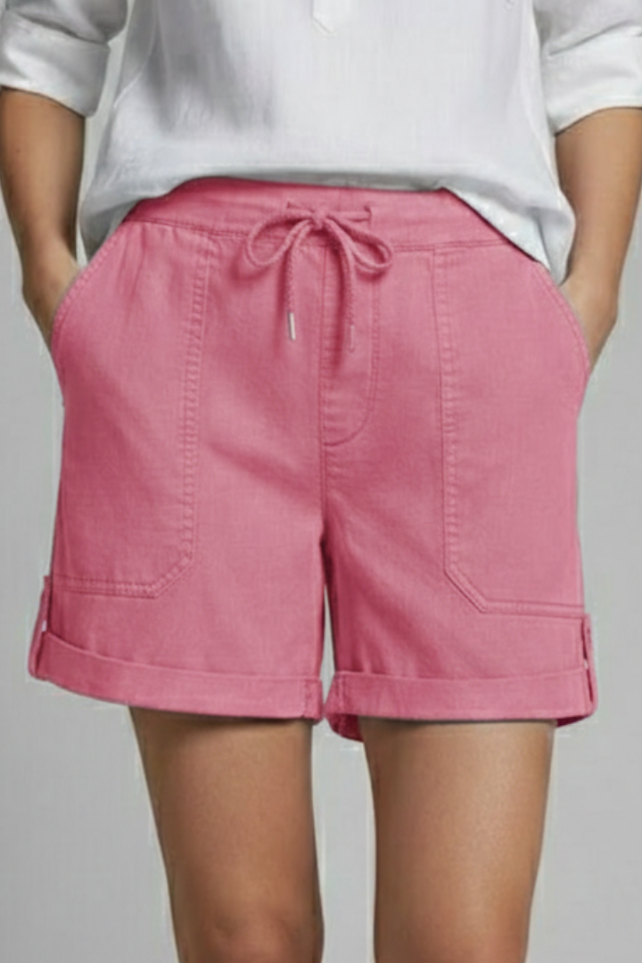 Navy women's drawstring pocket shorts, offering casual comfort & perfect for summer warm weather.