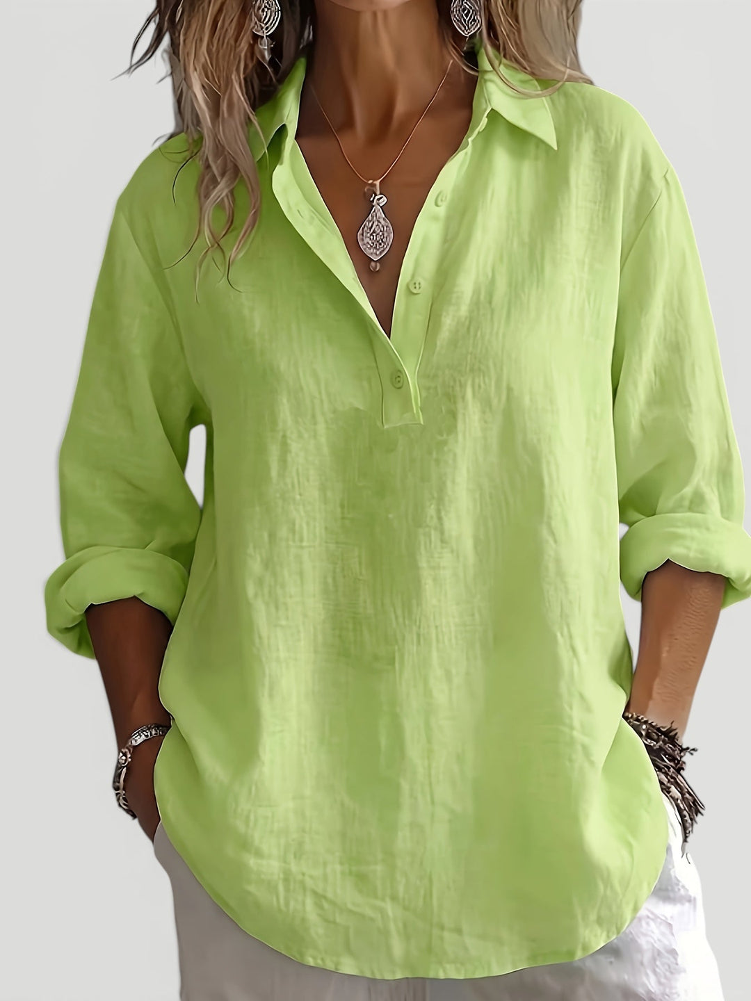 Long sleeve women's relaxed fit blouse, a versatile casual elegant top for sophisticated spring & summer fashion.