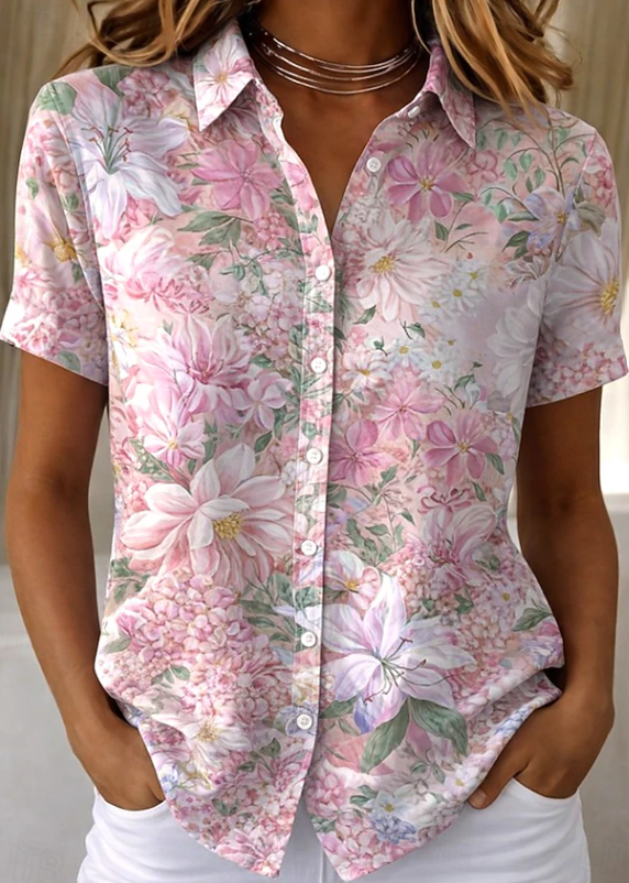 Women's casual floral button-up blouse, short sleeve, perfect for summer & spring everyday style.