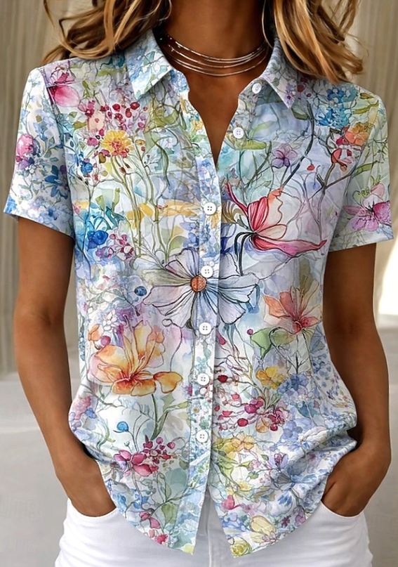 Relaxed fit women's floral button-up shirt, casual short sleeve top, ideal for spring fashion.