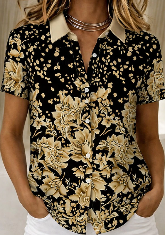 Everyday women's floral button-up shirt, casual short sleeve top, great for spring/summer.