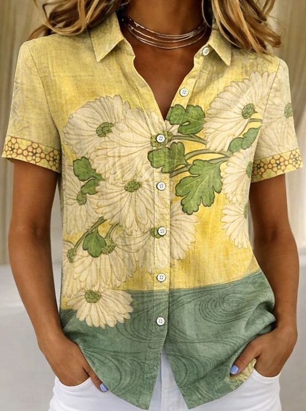 Casual women's floral blouse, short sleeve button-up top, versatile for everyday summer wear.