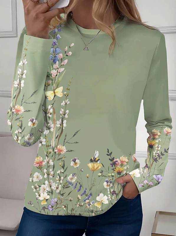Women's casual floral long sleeve crew neck blouse with vibrant flower print for everyday comfort and style.