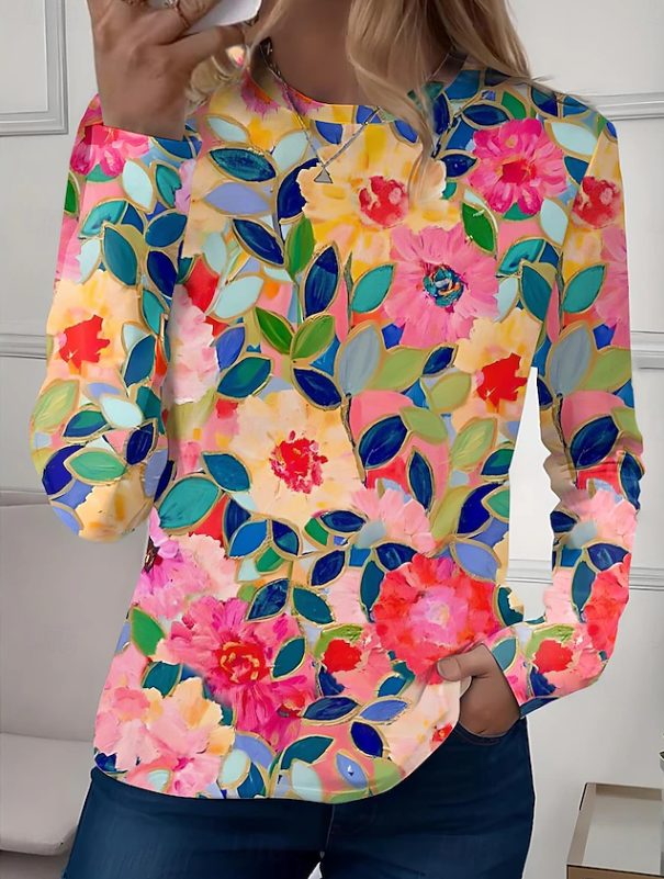 Vibrant floral print long sleeve women's blouse, perfect crew neck top for spring or autumn casual wear.