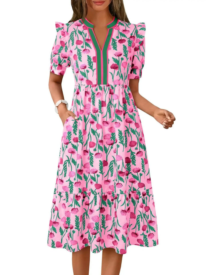 Women's casual floral midi dress with V-neck & short sleeves, perfect for summer or spring vacations.