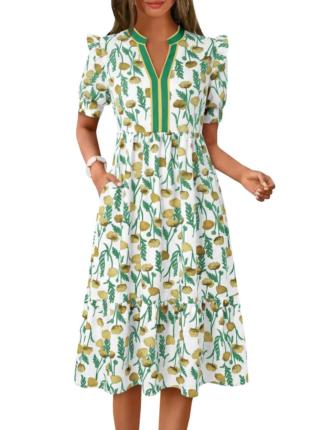 Fashionable women's floral print midi dress, featuring a V-neck, short sleeves, & elegant tiered skirt.