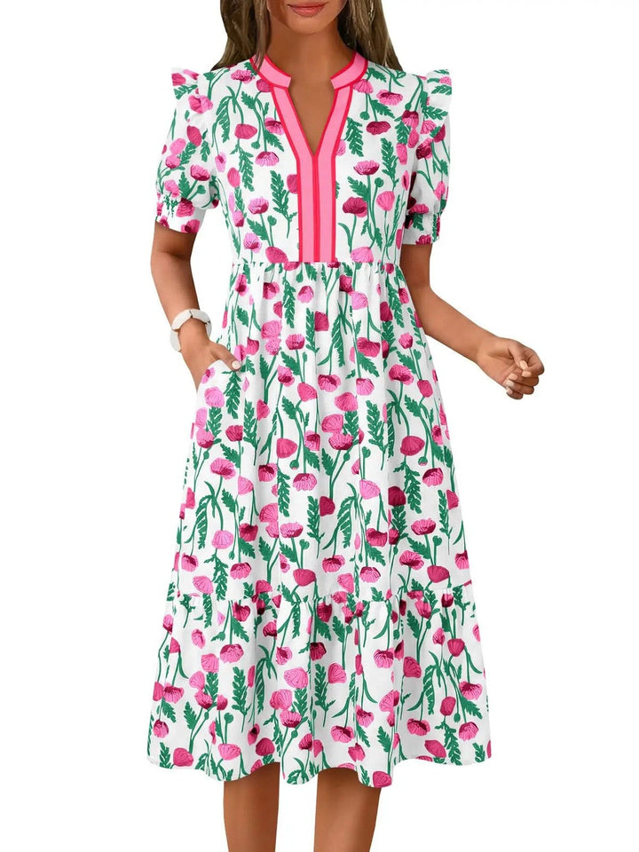Elegant casual women's floral midi dress with a relaxed fit & short sleeves, perfect for sunny days.