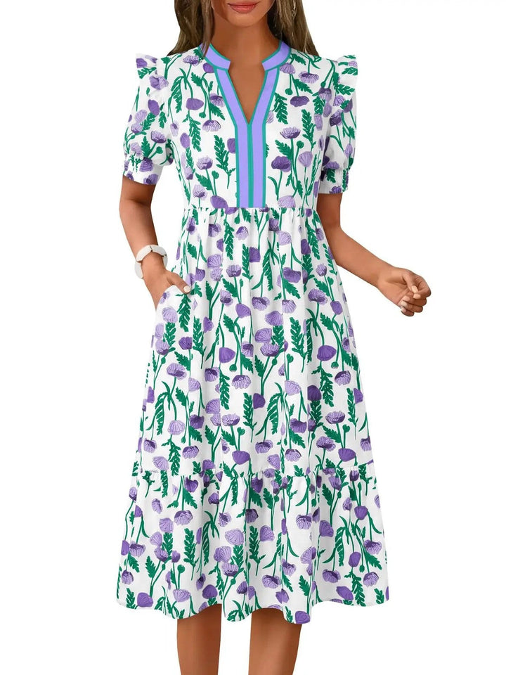 Versatile women's floral midi dress, a tiered V-neck summer & spring outfit with short sleeves.