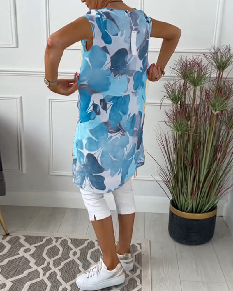 Elegant women's casual dress with a vibrant floral pattern, knee-length.