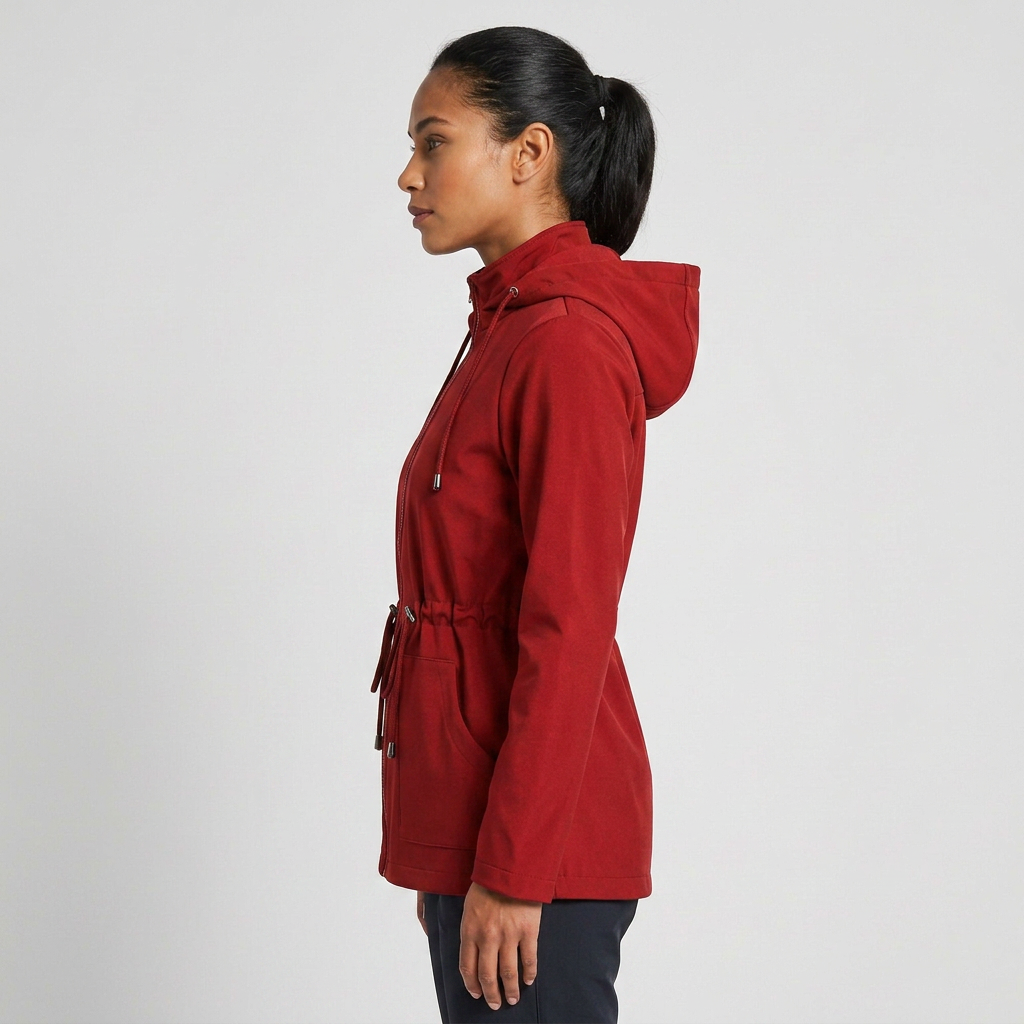 Stylish women's zip-up hooded jacket, perfect for transitional seasons. Casual drawstring waist coat.