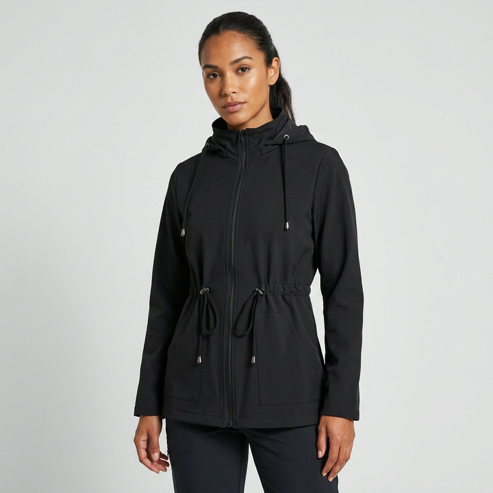 Comfortable women's casual hooded jacket with adjustable drawstring waist and full zip closure. Essential outerwear.