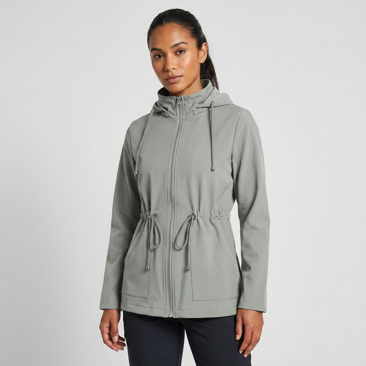 Everyday women's hooded outerwear jacket, featuring a drawstring waist. Ideal for casual autumn & spring wear.