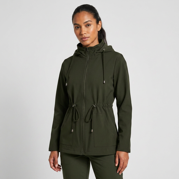 Women's practical hooded jacket with drawstring waist, ideal for casual everyday wear. Zip-up transitional coat.