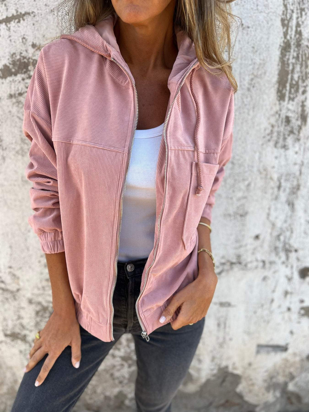 Stylish women's casual zip-up hoodie, designed for versatility and comfort in a modern fit.